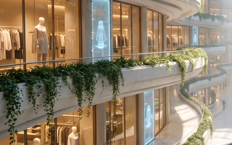 Una vetrina illuminata dentro la galleria, con i capi esposti dietro il vetro