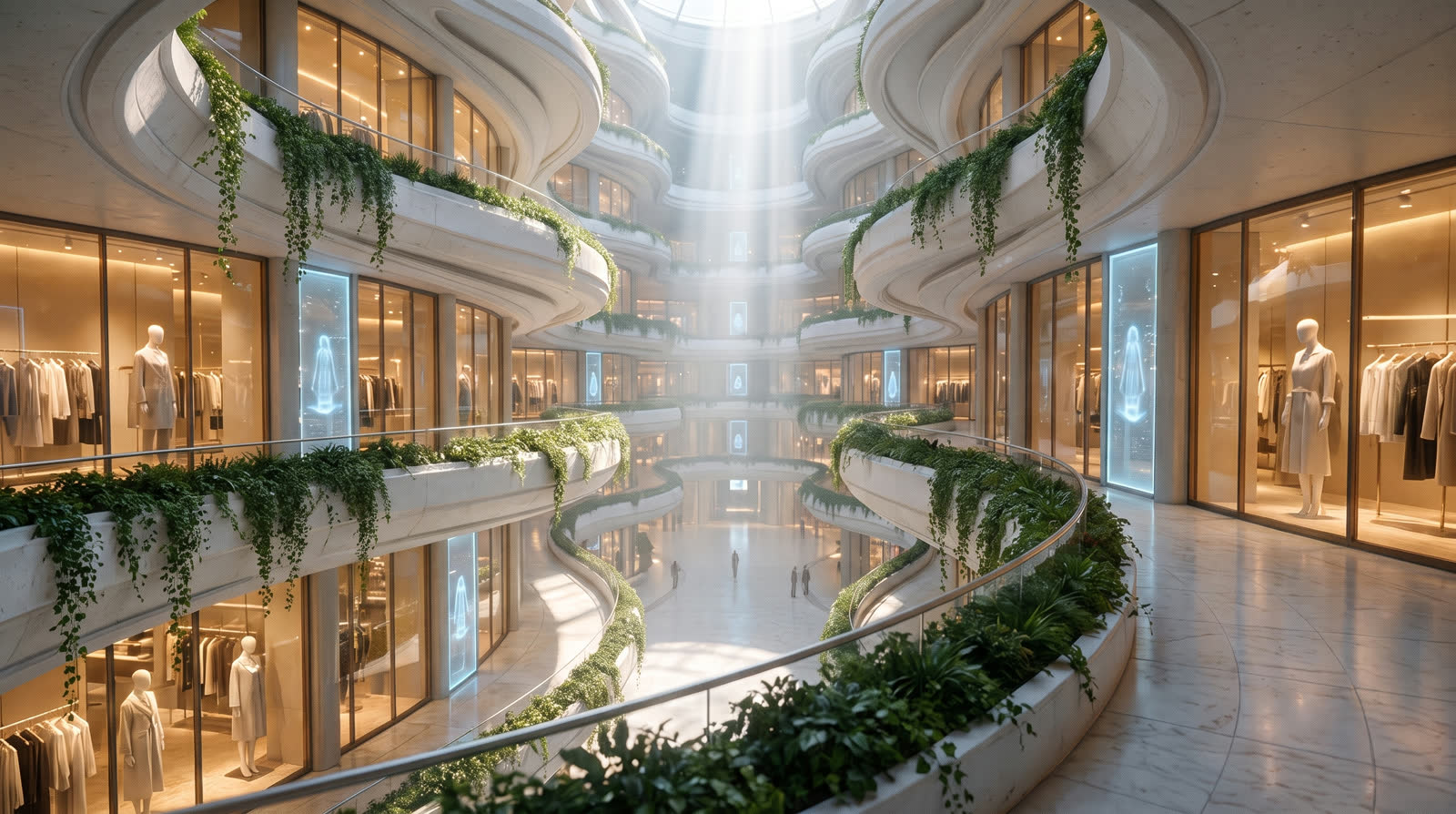Un livello della galleria visto dal balcone: vetrine illuminate, verde sulle balconate, la luce che scende dall'alto
